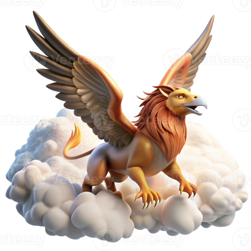 magnificent contemporary A majestic griffin soaring through the clouds, bathed in sunlight. Photorealistic style detailed png