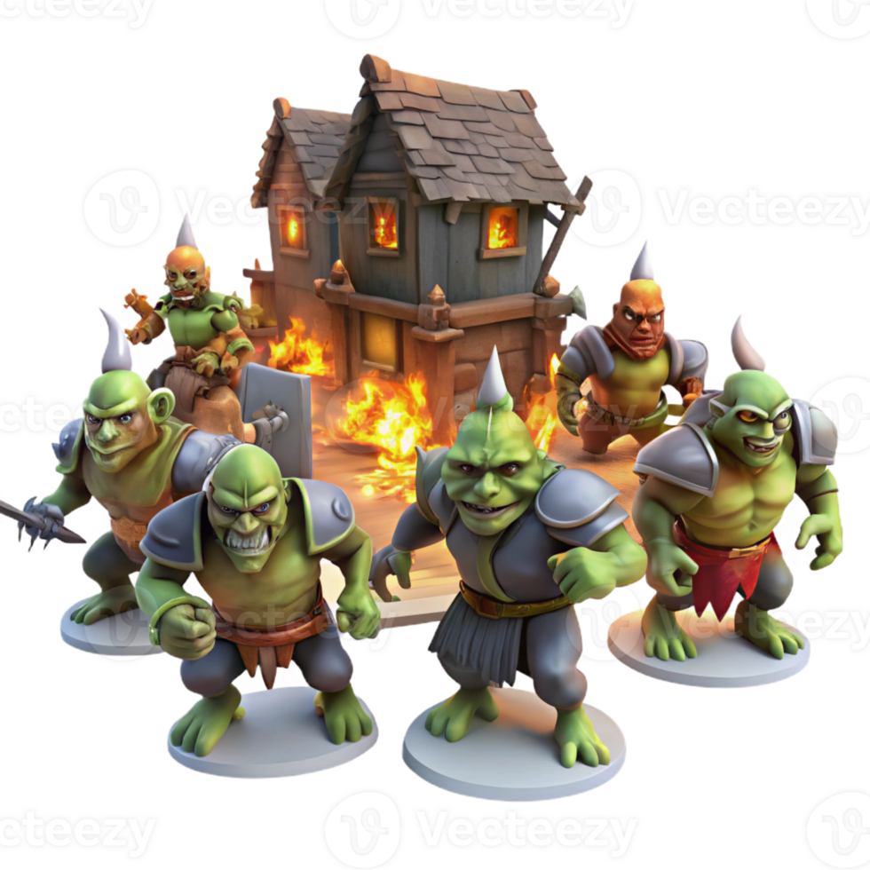 beautiful modern A group of orcs raiding a village, illuminated by the flames of burning buildings. Dark fantasy style professional png