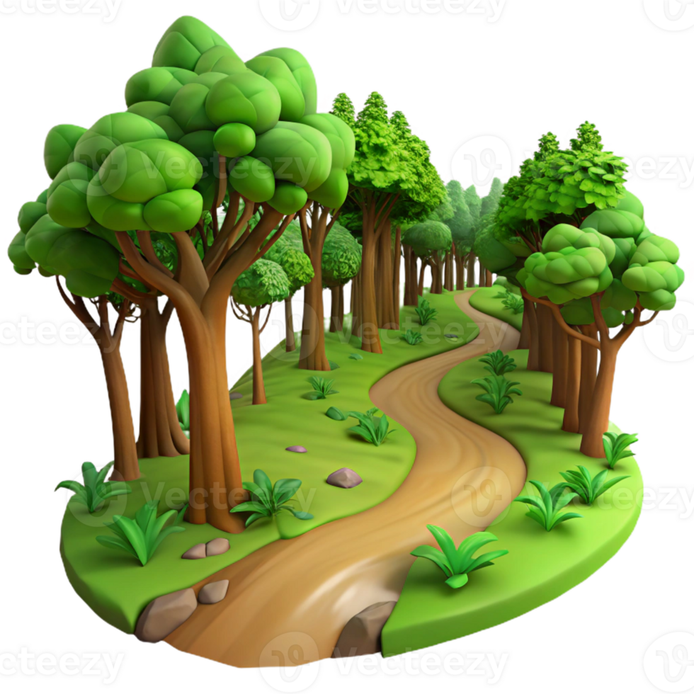 stunning modern A winding dirt path through a lush, green forest, dappled sunlight, impressionistic style authentic png