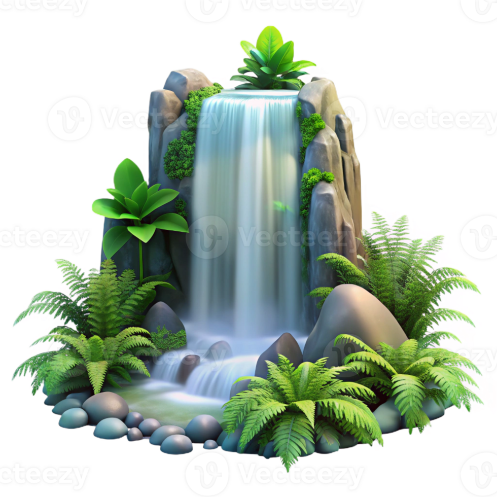 wonderful traditional A cascading waterfall surrounded by lush ferns, misty lighting, romanticism style detailed png