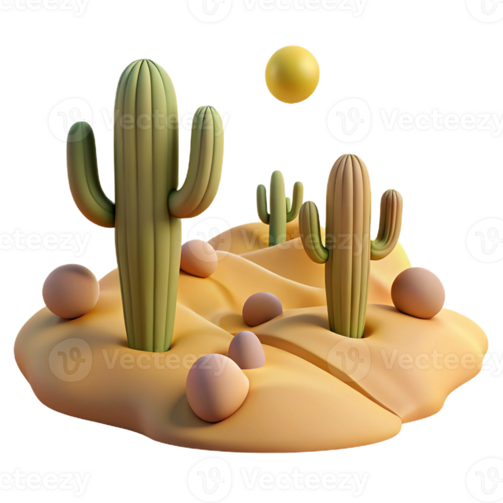 vibrant vintage A desert landscape with towering cacti and sand dunes, harsh midday sun, surreal style authentic png