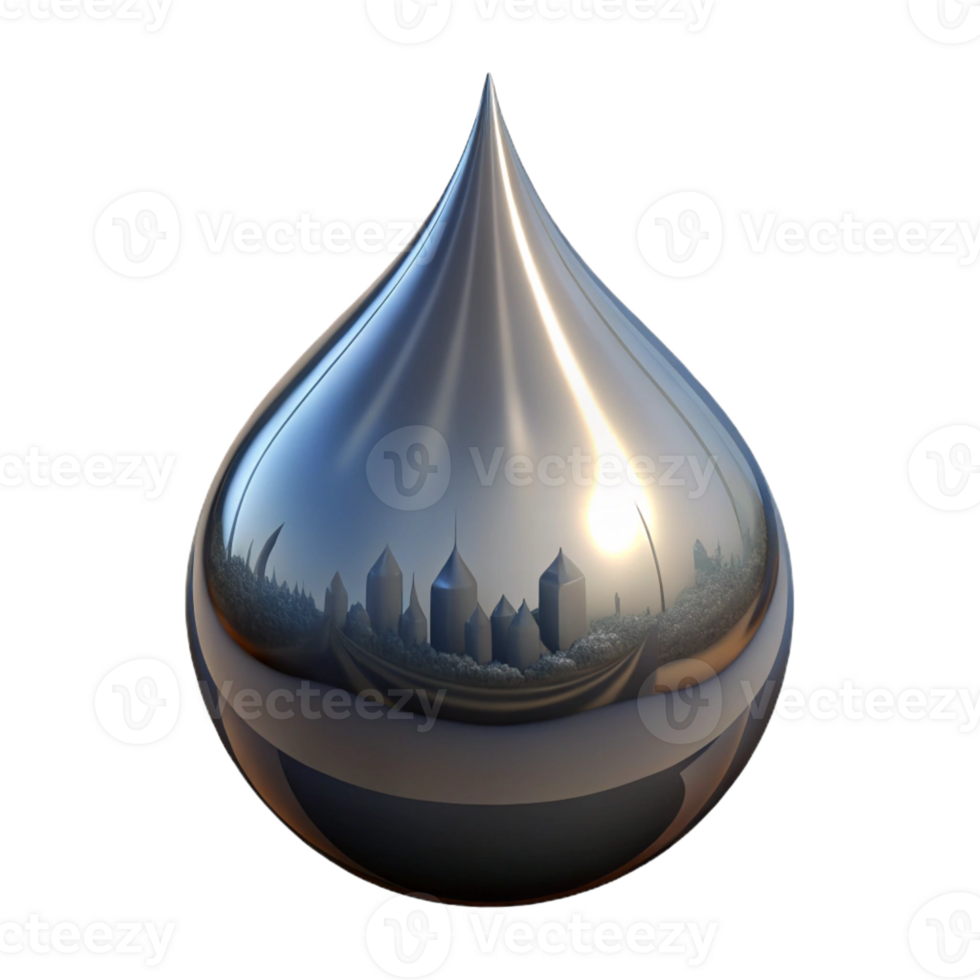 extraordinary minimalist A single, levitating droplet of liquid mercury, reflecting a distorted cityscape, dark and metallic, surrealism genuine png