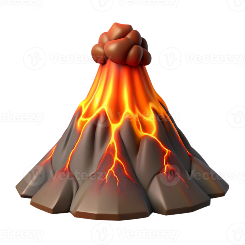 stunning modern An erupting volcano with lava flowing down its sides, fiery lighting, dramatic style professional png