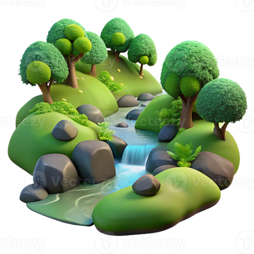 serene modern A babbling brook flowing through a mossy forest, dappled sunlight, tranquil style high quality png