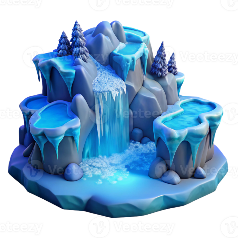 vibrant traditional A frozen waterfall in winter, cold blue lighting, landscape photography style high quality png