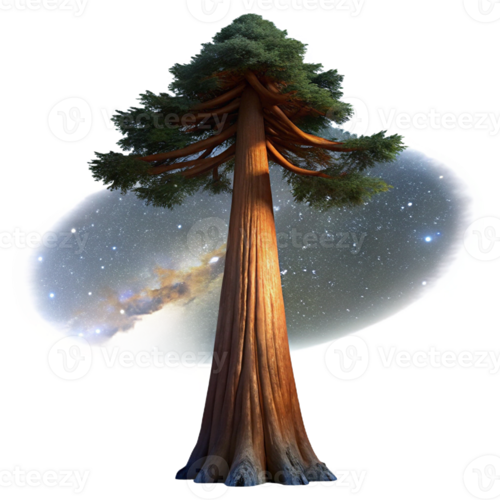 elegant abstract A colossal sequoia tree reaching into a starry night sky, illuminated by the Milky Way, digital painting style high resolution png