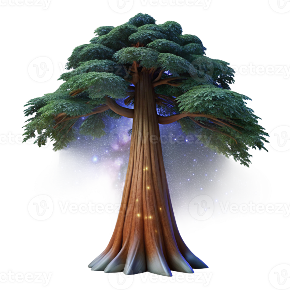serene artistic A colossal sequoia tree reaching into a starry night sky, illuminated by the Milky Way, digital painting style high resolution png