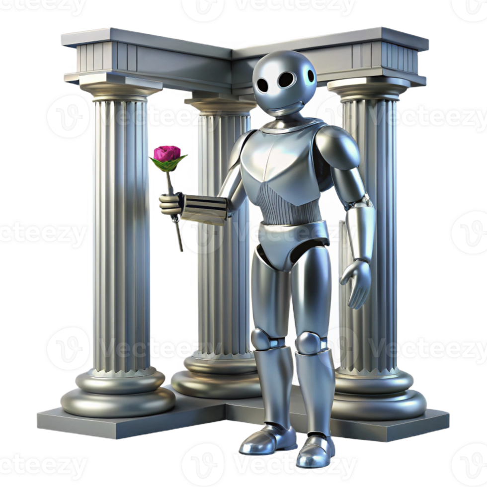 elegant artistic A sleek, chrome robot holding a wilting rose, standing amidst the ruins of a classical Greek temple, lit by a single, ethereal beam of moonlight exclusive png