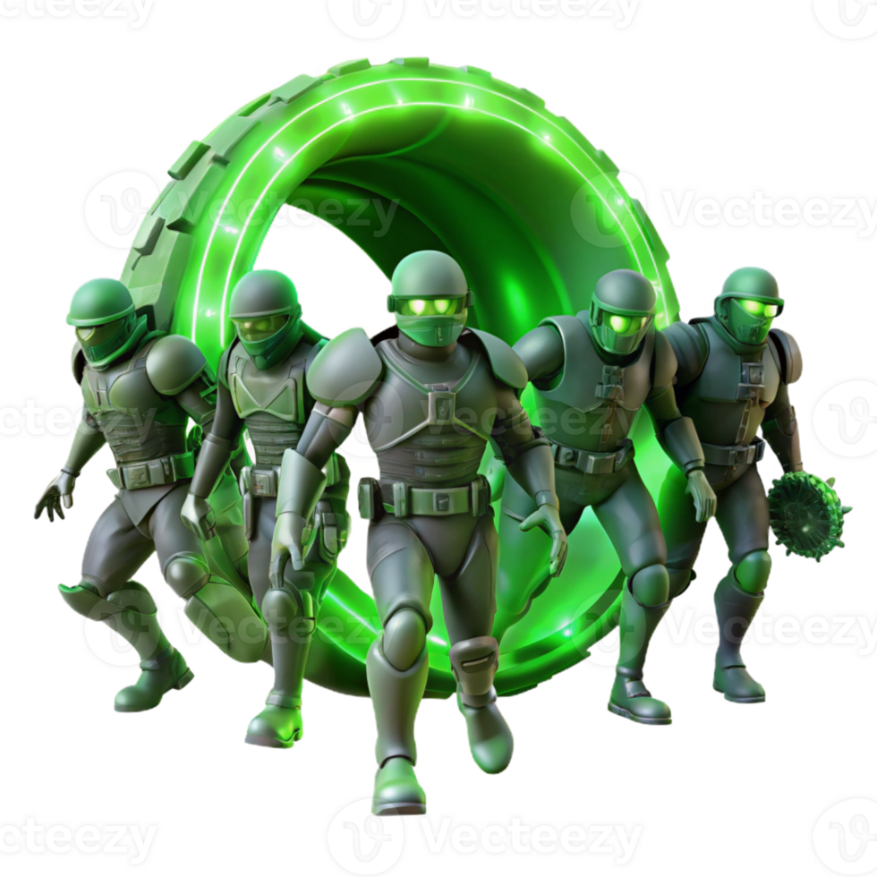 wonderful abstract A group of bioengineered soldiers, clad in chitinous armor, emerging from a swirling portal of emerald green energy, harsh, angular shadows cast by an unseen light source premium png