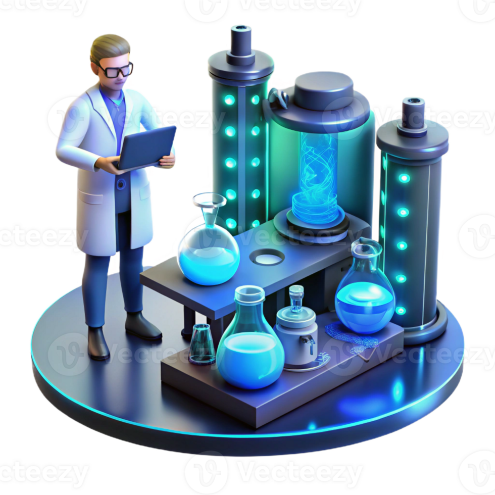 wonderful minimalist A high-tech laboratory filled with bubbling vials and complex machinery, illuminated by the cool blue light of holographic displays, a lone scientist hunched over a console 4K png