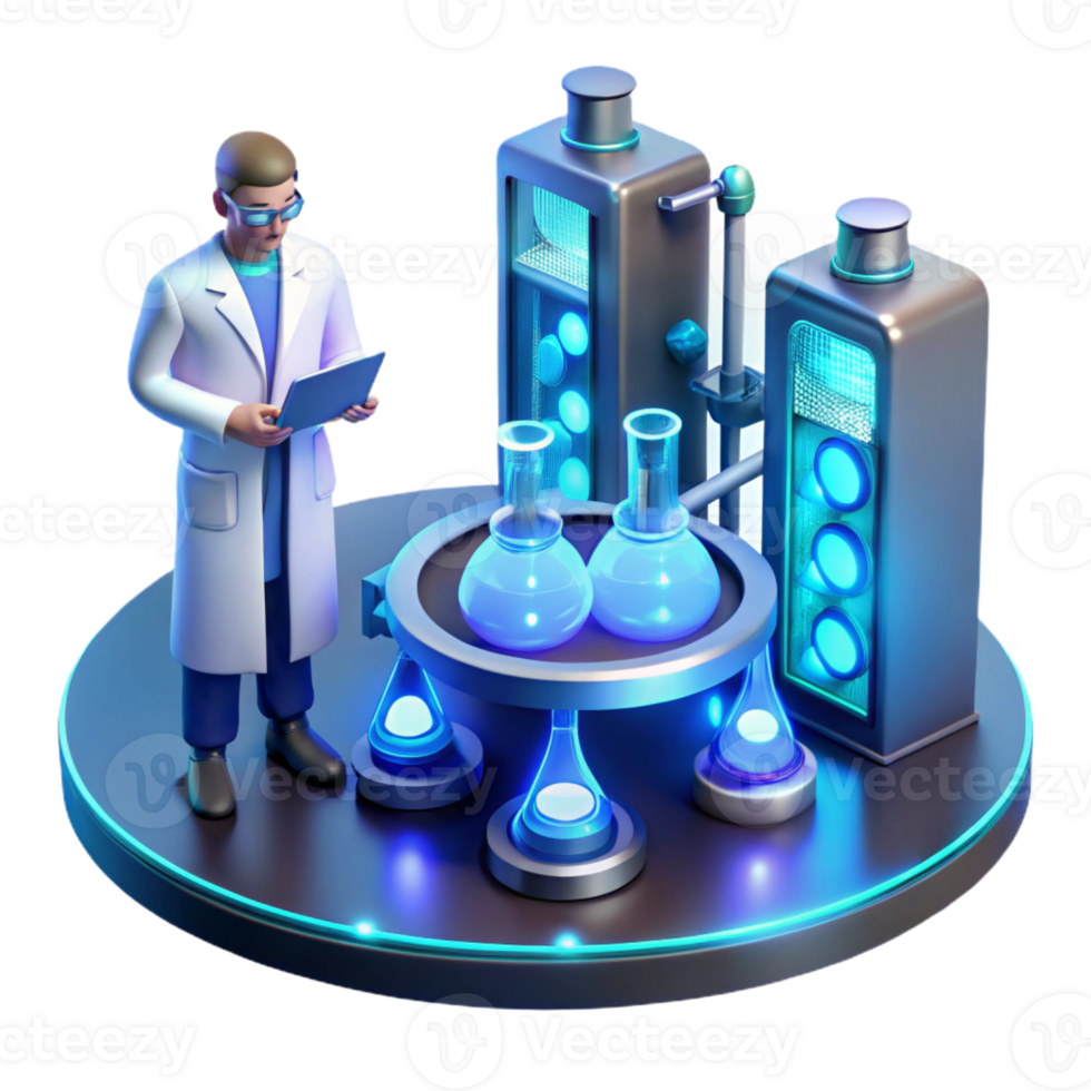 impressive rustic A high-tech laboratory filled with bubbling vials and complex machinery, illuminated by the cool blue light of holographic displays, a lone scientist hunched over a console original png
