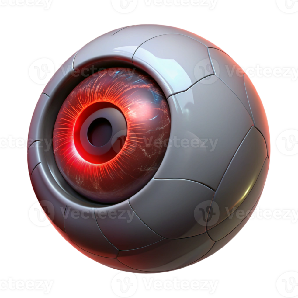 stunning contemporary A lone, robotic eye floating in a dark void, its pupil glowing with an intense, crimson light, intricate circuitry visible on its surface 4K png
