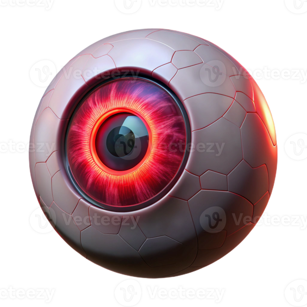 dramatic classic A lone, robotic eye floating in a dark void, its pupil glowing with an intense, crimson light, intricate circuitry visible on its surface original png
