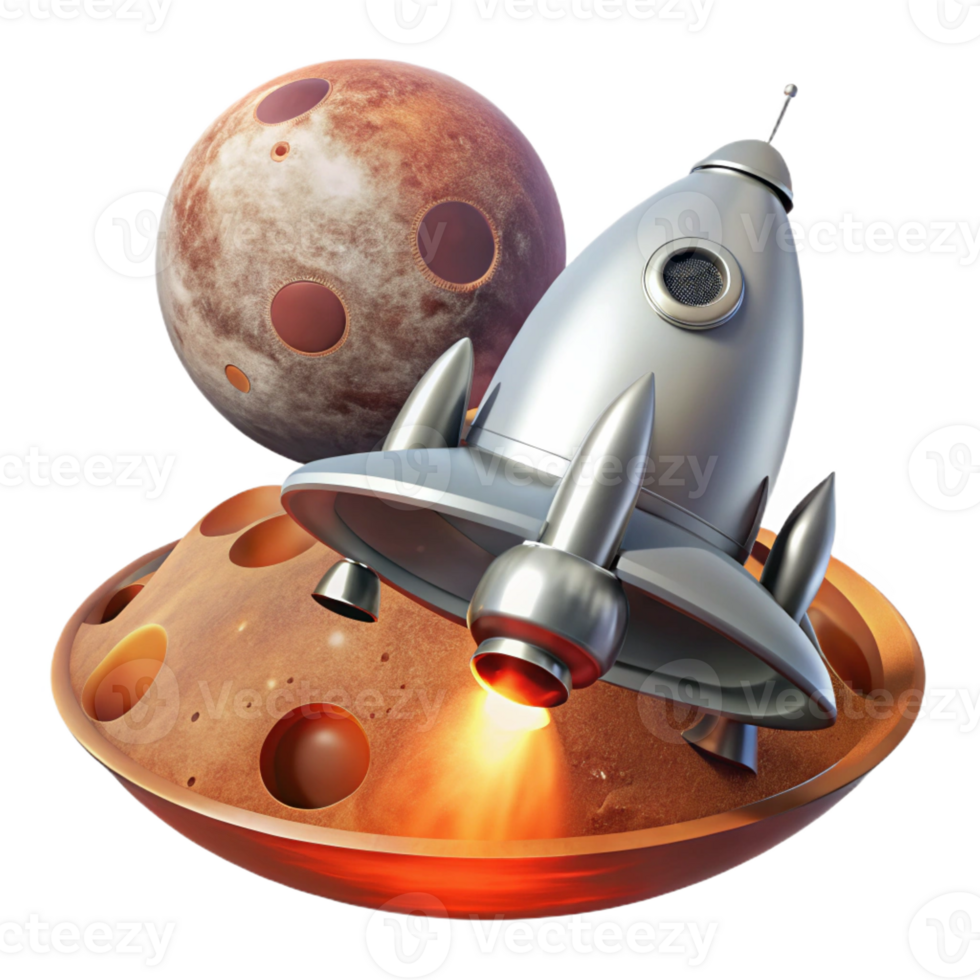 stunning contemporary A sleek, silver spaceship landing on a desolate, red planet, dust swirling around its landing gear, illuminated by the harsh glare of the twin suns genuine png