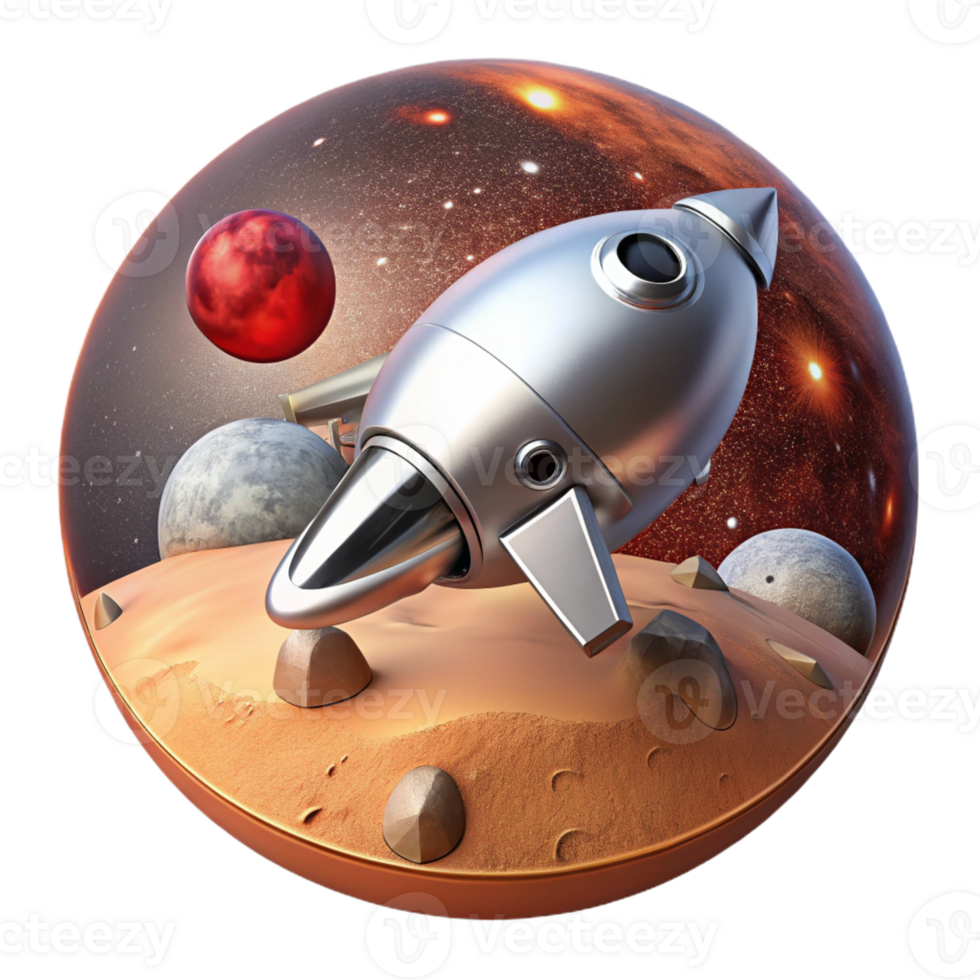 impressive contemporary A sleek, silver spaceship landing on a desolate, red planet, dust swirling around its landing gear, illuminated by the harsh glare of the twin suns high quality png