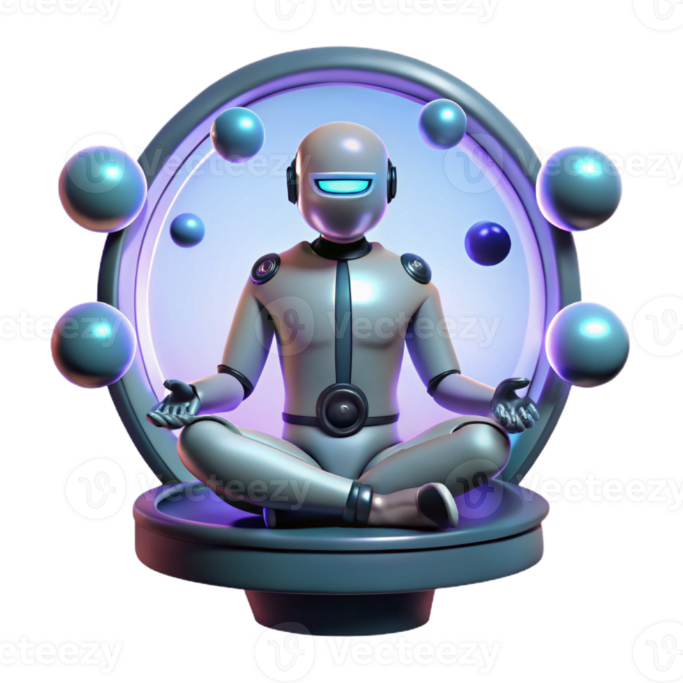 wonderful creative A cyborg with glowing eyes meditating in a zero-gravity chamber, surrounded by floating orbs of light, soft, diffuse lighting illuminating the scene original png