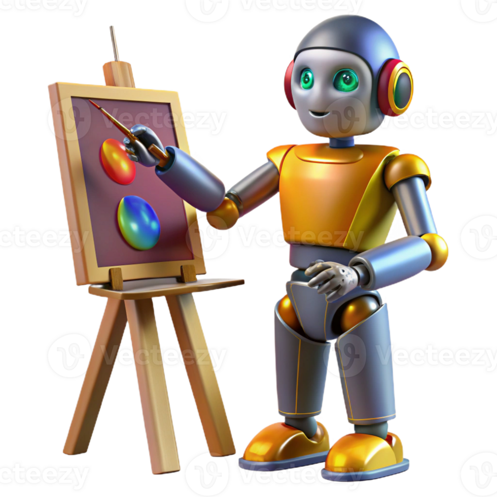 elegant artistic A robot artist painting a portrait of a human, intricate brushstrokes and vibrant colors, illuminated by the warm light of a studio lamp high quality png