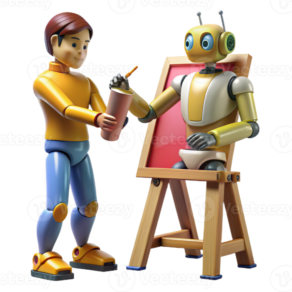 magnificent abstract A robot artist painting a portrait of a human, intricate brushstrokes and vibrant colors, illuminated by the warm light of a studio lamp 4K png