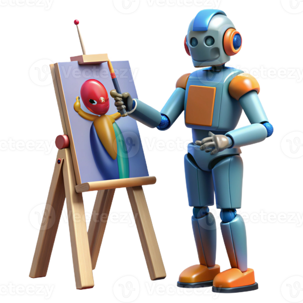 impressive minimalist A robot artist painting a portrait of a human, intricate brushstrokes and vibrant colors, illuminated by the warm light of a studio lamp premium png