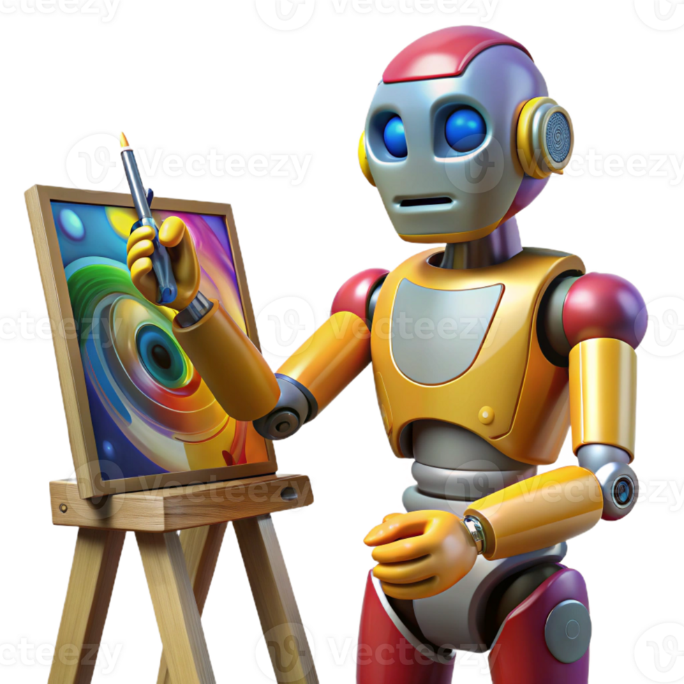 magnificent vintage A robot artist painting a portrait of a human, intricate brushstrokes and vibrant colors, illuminated by the warm light of a studio lamp high quality png