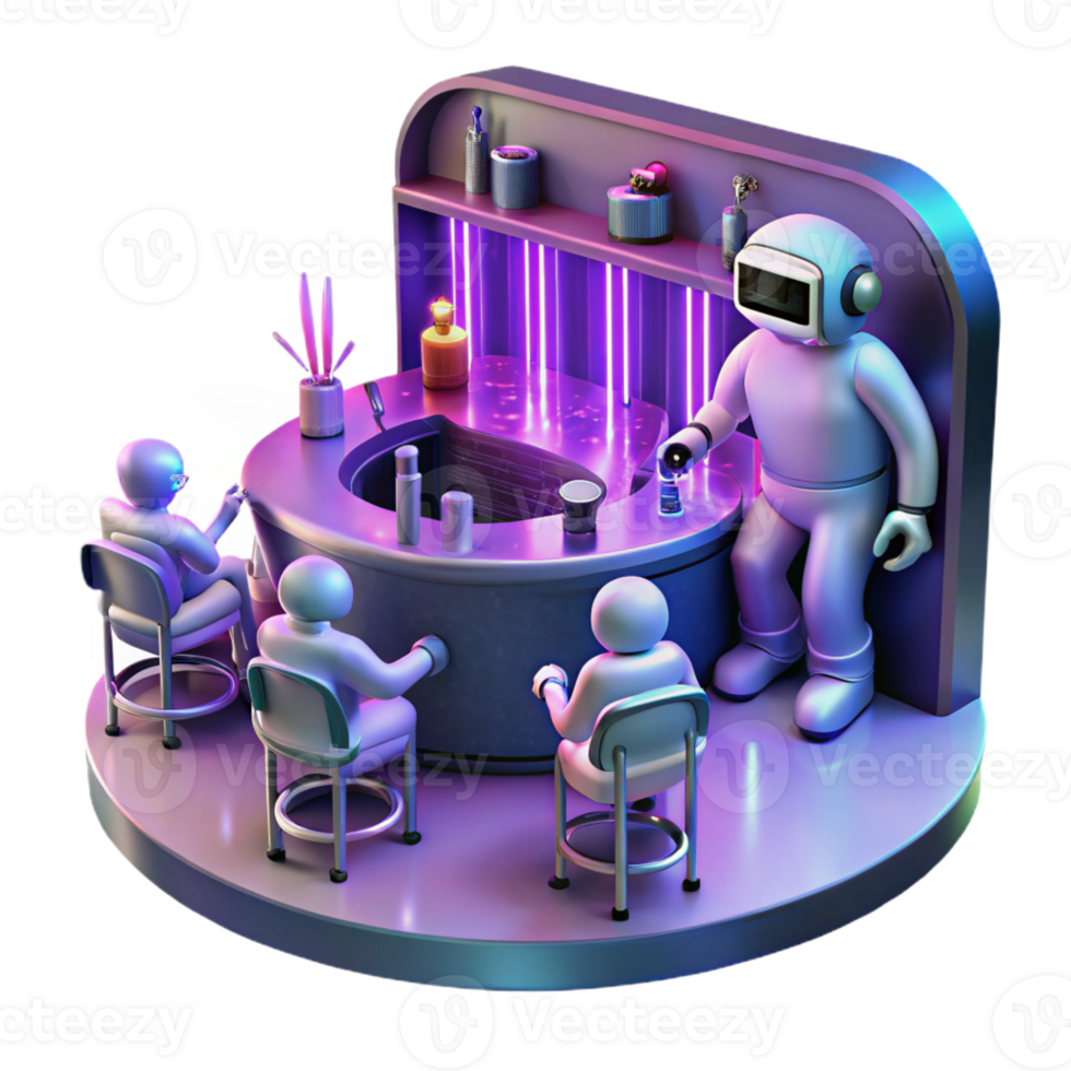 beautiful creative A futuristic bar scene with robots and aliens mingling, holographic music visualizations swirling around them, illuminated by neon lights in shades of pink and purple 4K png