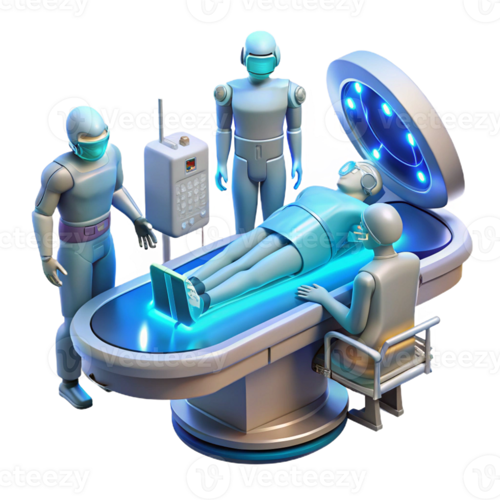 extraordinary creative A futuristic operating room, with holographic displays showing vital signs, surgeons working on a cyborg patient, illuminated by cool, sterile lighting 4K png