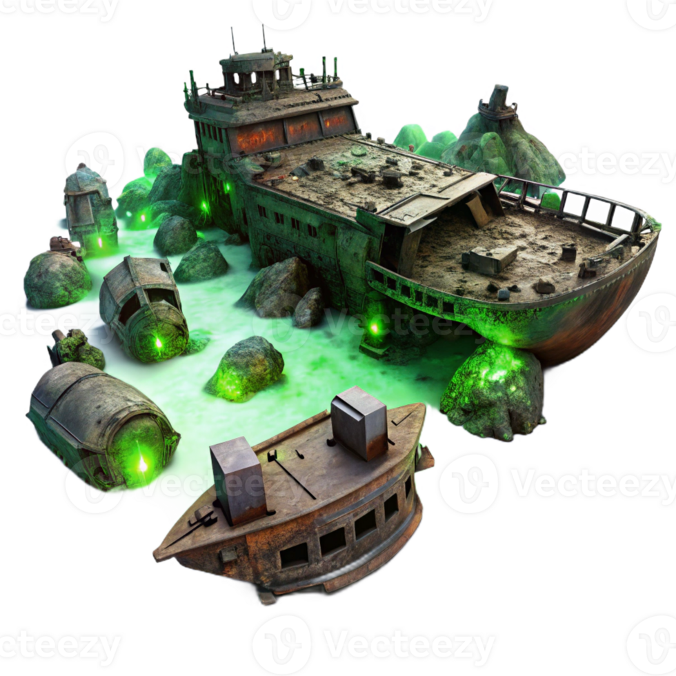 vibrant minimalist A spaceship graveyard, filled with derelict vessels, rusting and decaying, illuminated by the eerie green glow of a nearby nebula detailed png