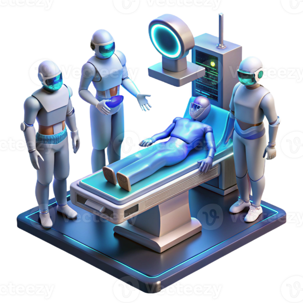 impressive vintage A futuristic operating room, with holographic displays showing vital signs, surgeons working on a cyborg patient, illuminated by cool, sterile lighting exclusive png