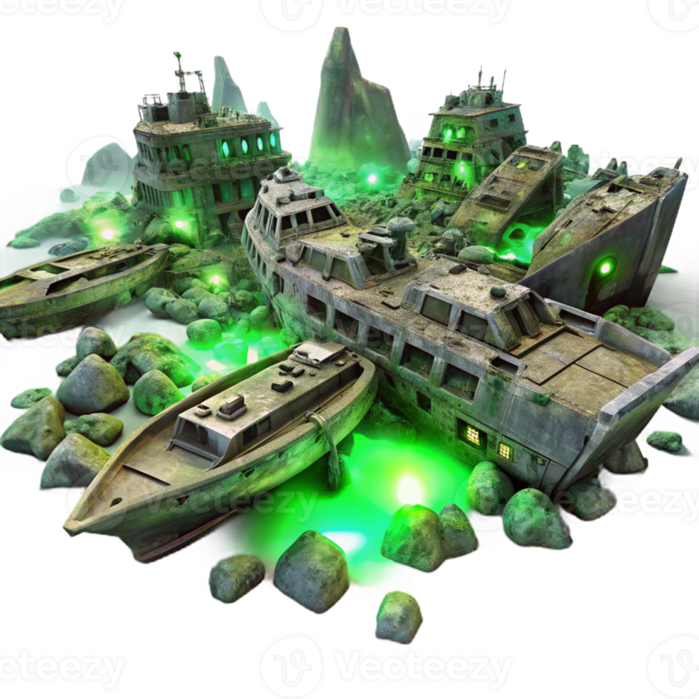 beautiful rustic A spaceship graveyard, filled with derelict vessels, rusting and decaying, illuminated by the eerie green glow of a nearby nebula professional png