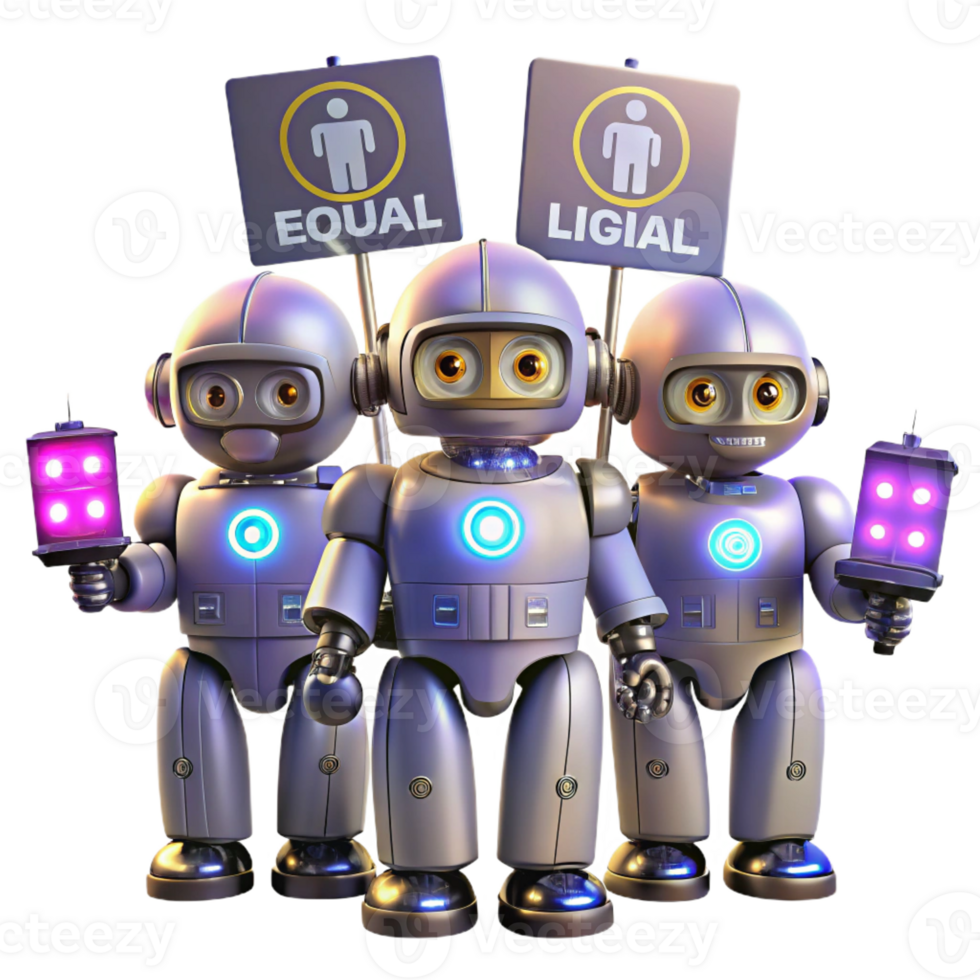 beautiful modern A group of robots protesting for equal rights, holding holographic signs, illuminated by the flashing lights of police drones genuine png