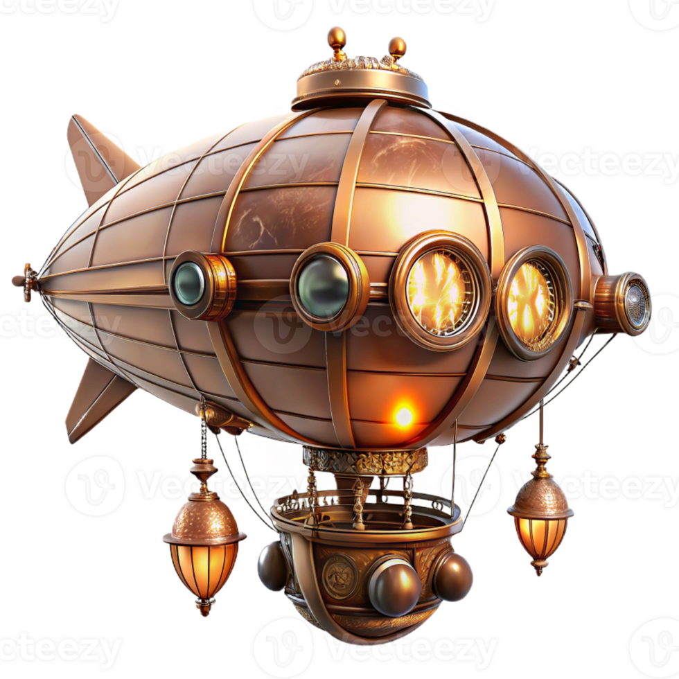 magnificent contemporary A majestic steampunk airship, copper and brass, intricate clockwork details, lit by warm flickering gaslight, floating amidst swirling cogs and gears high resolution png