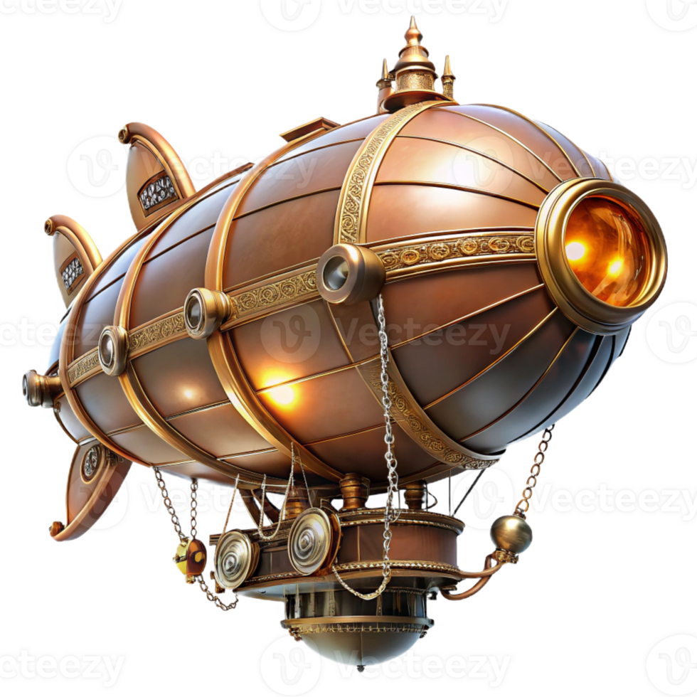 extraordinary abstract A majestic steampunk airship, copper and brass, intricate clockwork details, lit by warm flickering gaslight, floating amidst swirling cogs and gears premium png