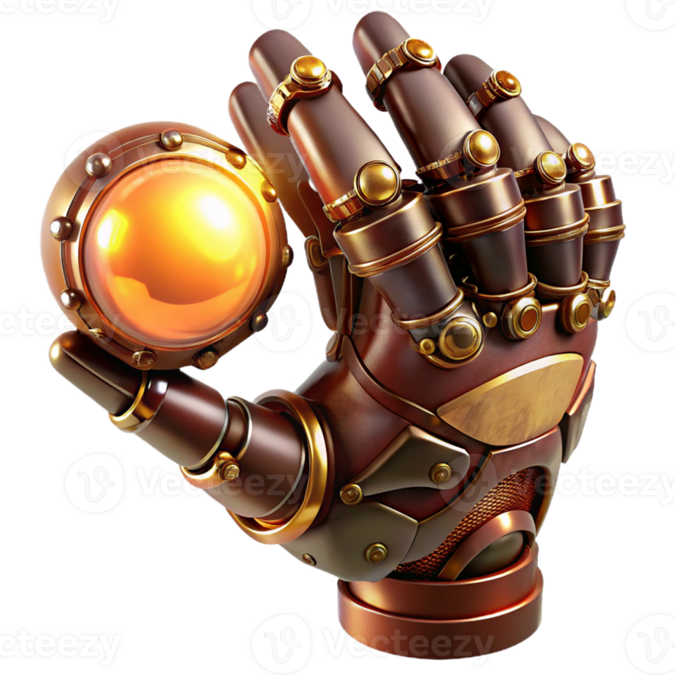 serene abstract A close-up of a steampunk robotic hand holding a glowing orb, intricate brass and copper details, highly polished, dramatic chiaroscuro lighting high resolution png