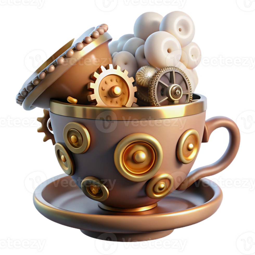 stunning vintage A whimsical steampunk teacup, overflowing with gears and cogs, emitting steam, soft diffused lighting professional png