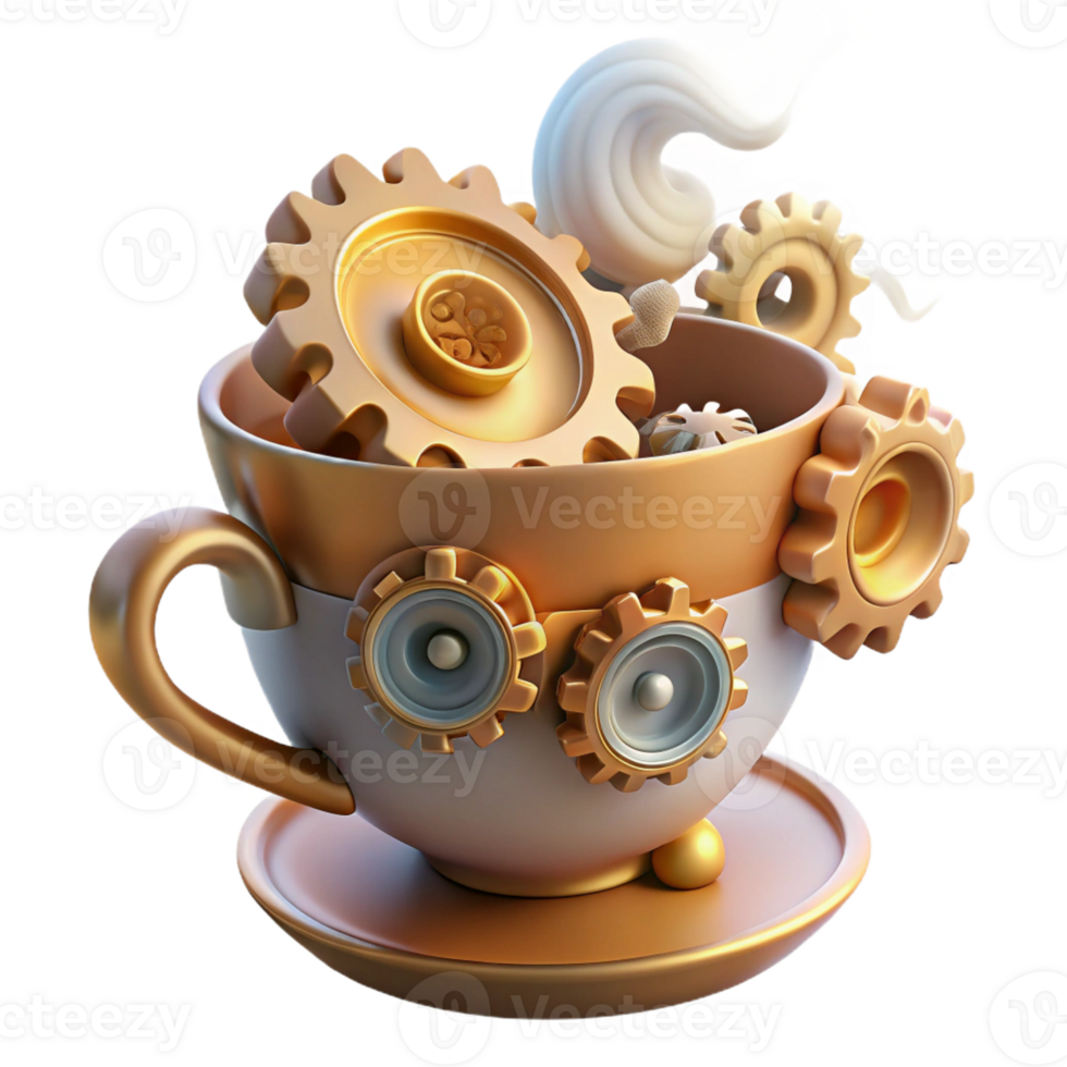 elegant rustic A whimsical steampunk teacup, overflowing with gears and cogs, emitting steam, soft diffused lighting authentic png