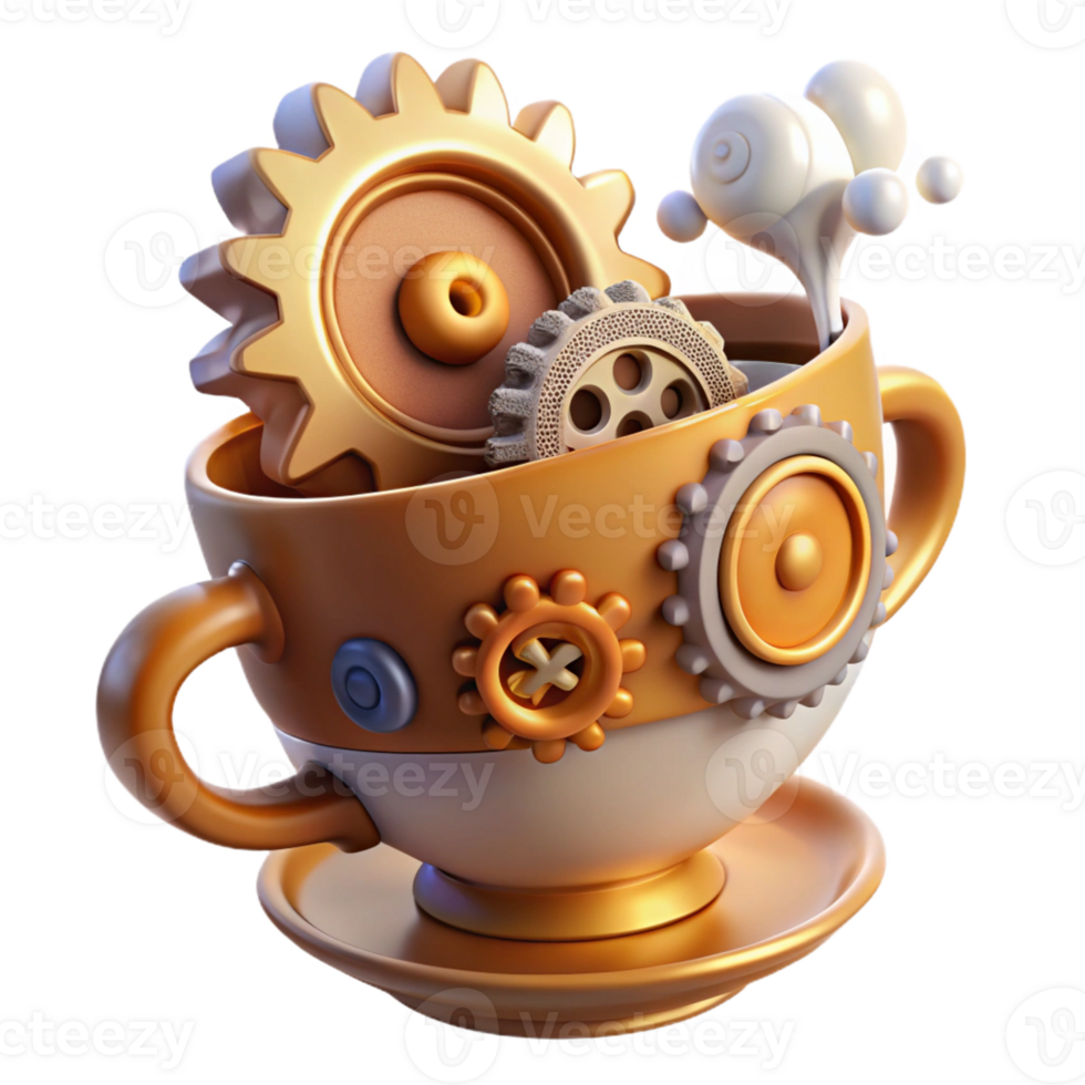 elegant contemporary A whimsical steampunk teacup, overflowing with gears and cogs, emitting steam, soft diffused lighting premium png