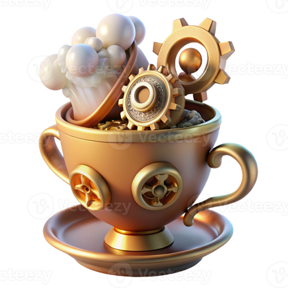 extraordinary rustic A whimsical steampunk teacup, overflowing with gears and cogs, emitting steam, soft diffused lighting high resolution png