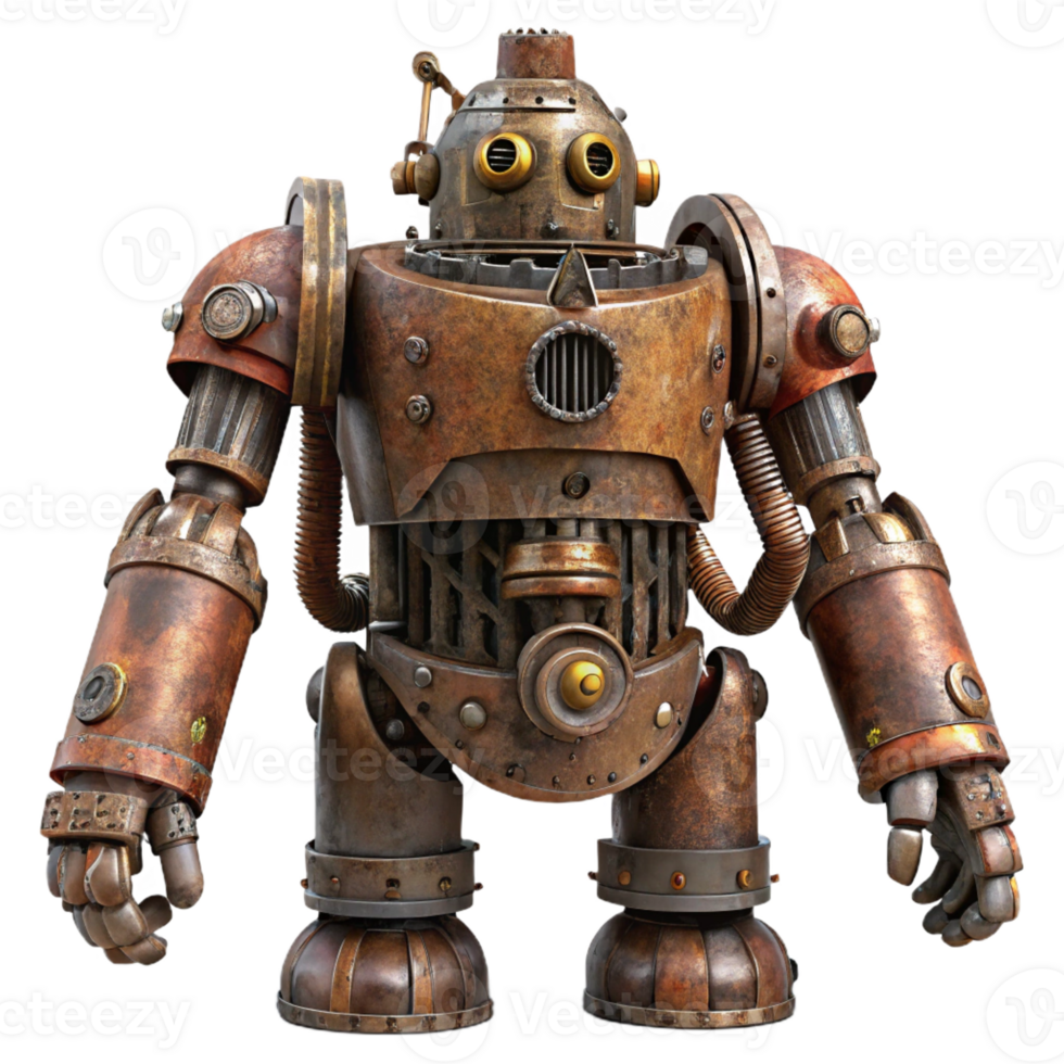 wonderful abstract A towering steampunk robot, rusted and weathered, intricate pipes and valves, apocalyptic lighting original png