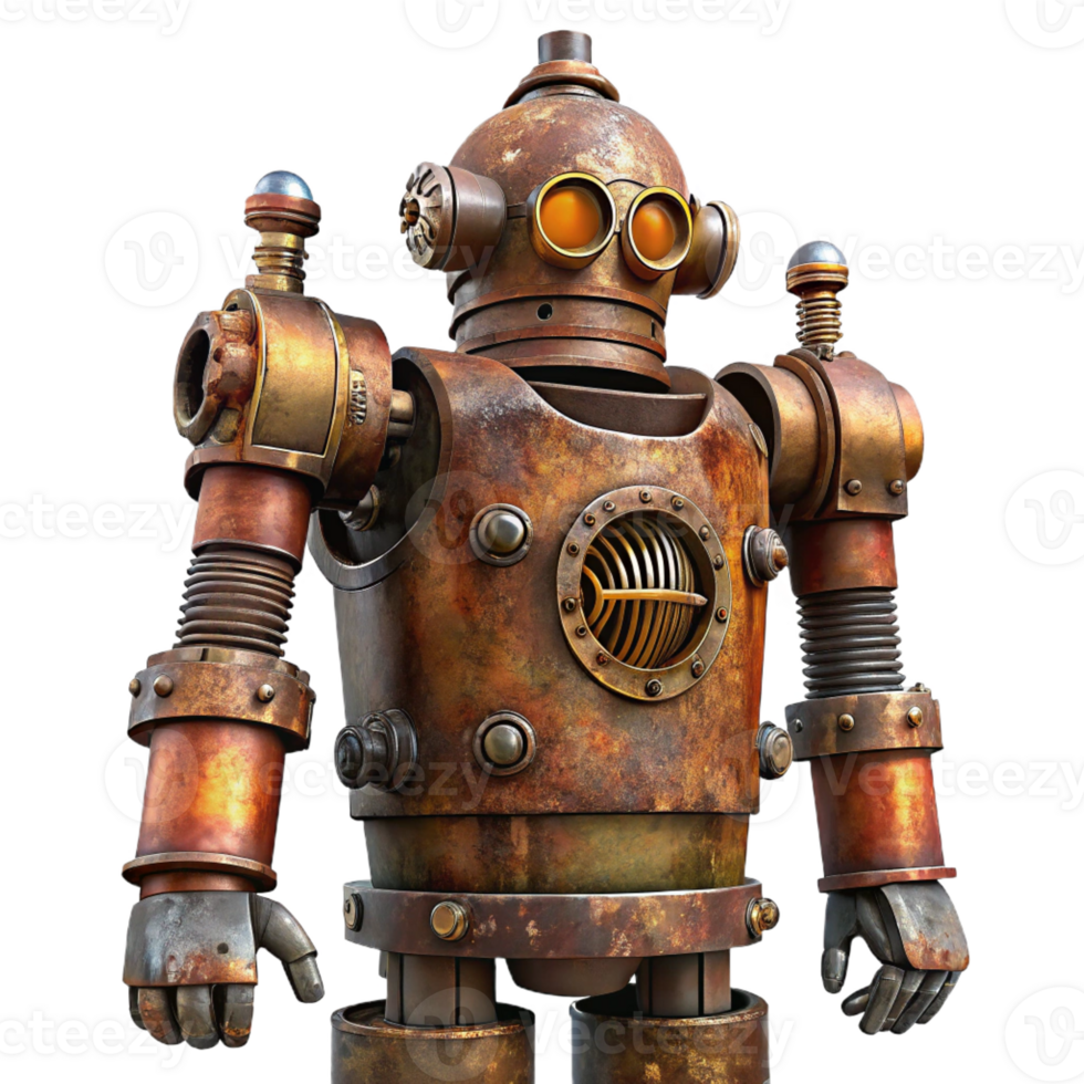 beautiful traditional A towering steampunk robot, rusted and weathered, intricate pipes and valves, apocalyptic lighting high quality png