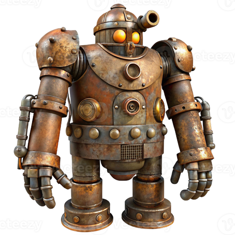 beautiful classic A towering steampunk robot, rusted and weathered, intricate pipes and valves, apocalyptic lighting detailed png