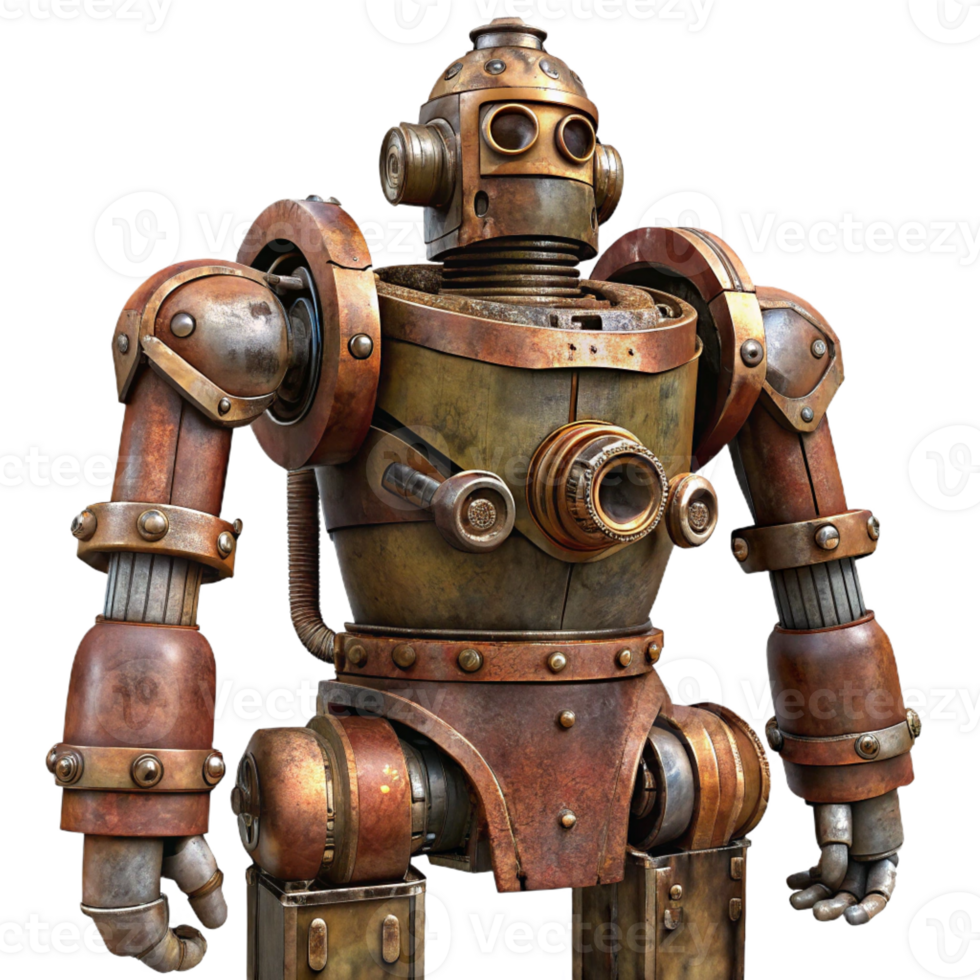 magnificent abstract A towering steampunk robot, rusted and weathered, intricate pipes and valves, apocalyptic lighting authentic png