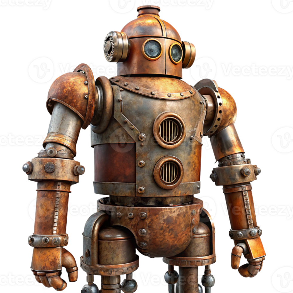 impressive creative A towering steampunk robot, rusted and weathered, intricate pipes and valves, apocalyptic lighting high quality png