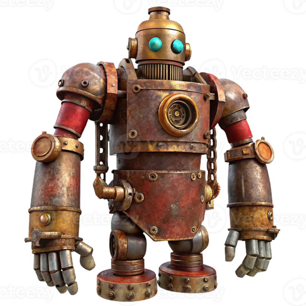 beautiful vintage A towering steampunk robot, rusted and weathered, intricate pipes and valves, apocalyptic lighting professional png