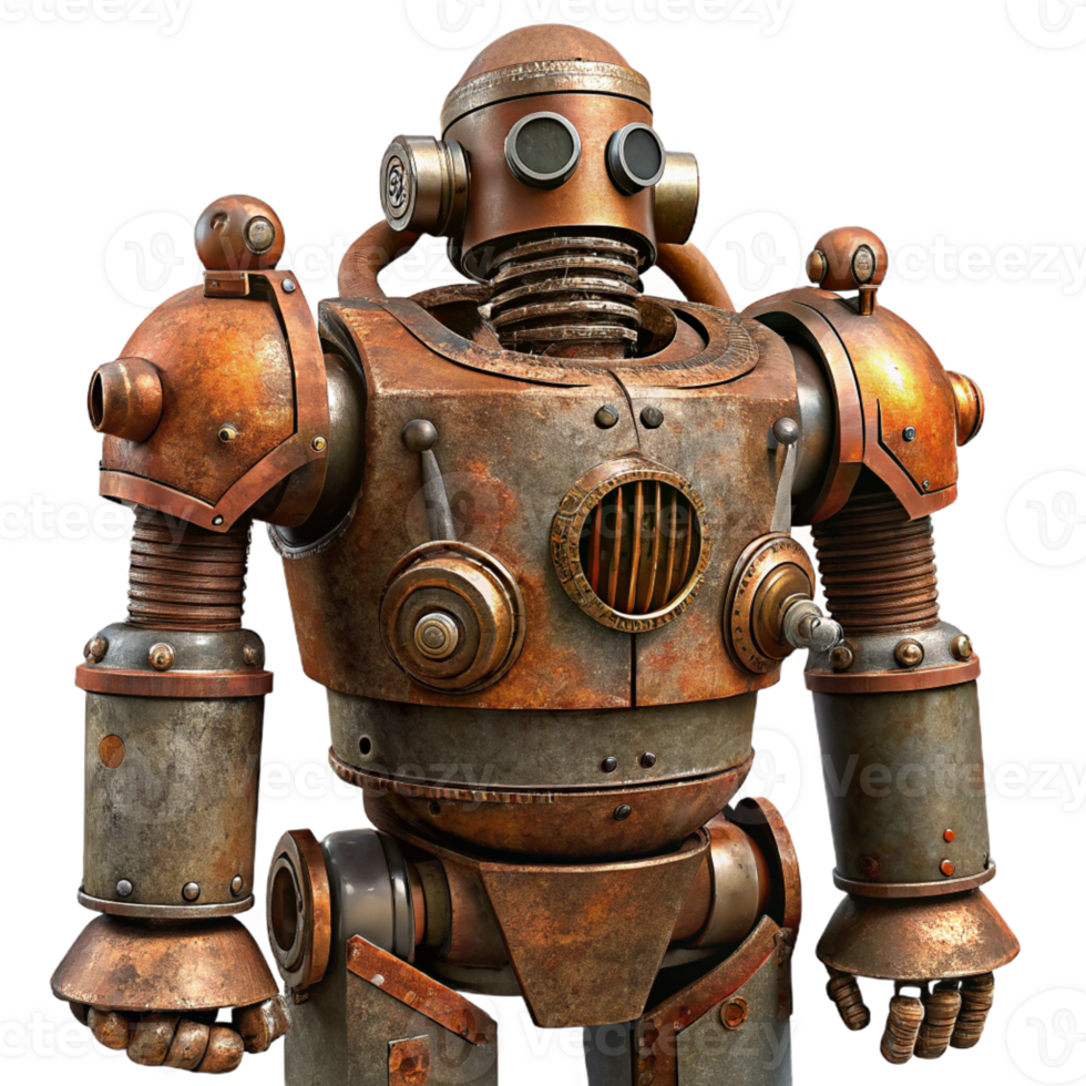 magnificent artistic A towering steampunk robot, rusted and weathered, intricate pipes and valves, apocalyptic lighting genuine png