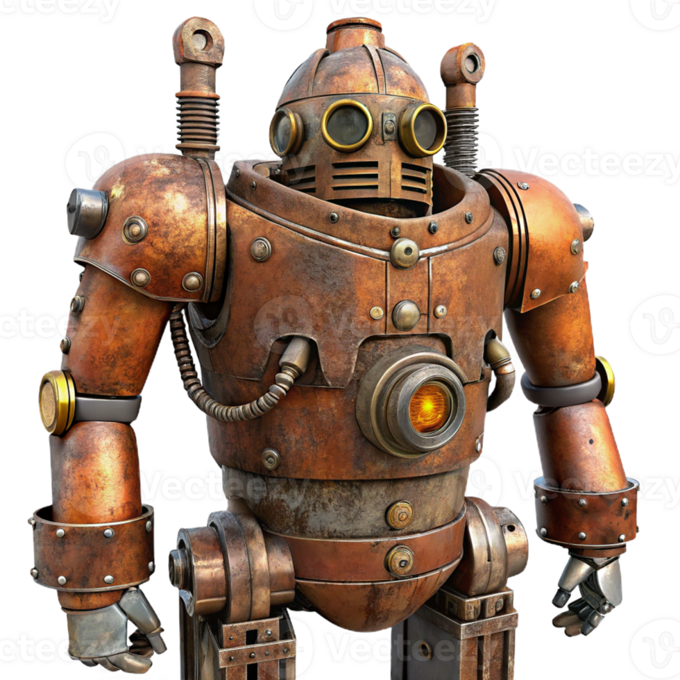 wonderful traditional A towering steampunk robot, rusted and weathered, intricate pipes and valves, apocalyptic lighting high resolution png