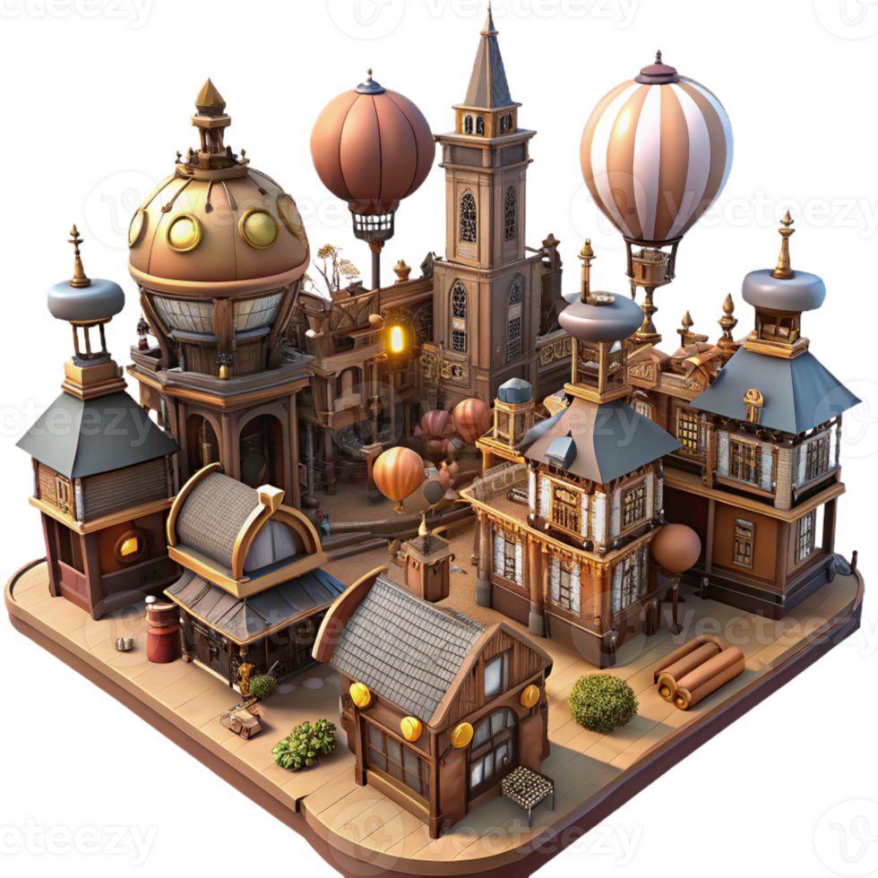 magnificent abstract A bustling steampunk city street scene, filled with airships and automatons, warm, vibrant lighting 4K png