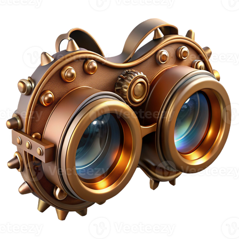wonderful contemporary A detailed steampunk goggles with intricate gears and lenses, highly polished, sharp, contrasting lighting professional png