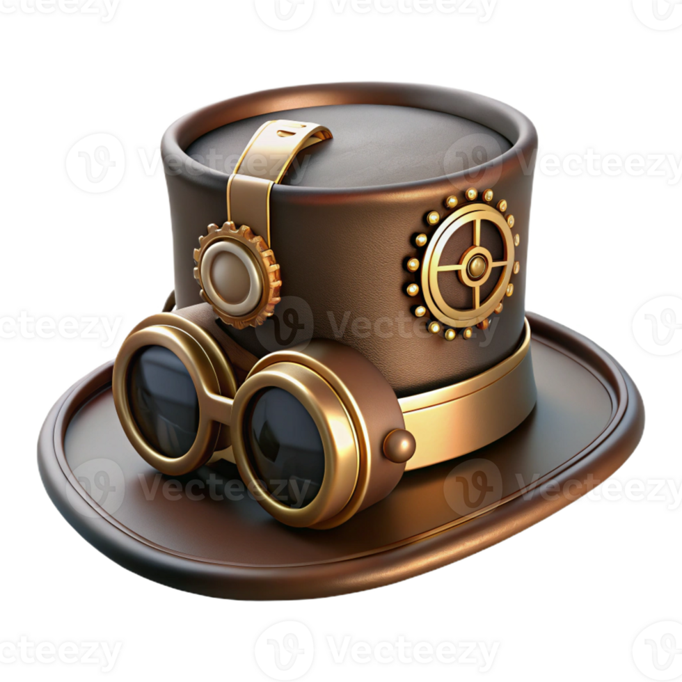 elegant classic A stylish steampunk top hat with goggles and gears attached, detailed leather and metal, sharp, contrasting lighting detailed png