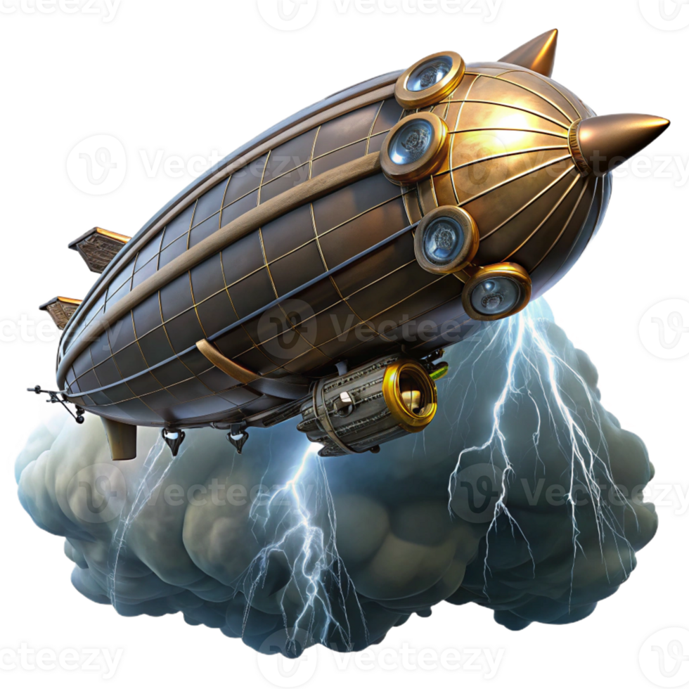 vibrant vintage A massive steampunk zeppelin flying through a storm, dramatic, lightning-filled lighting high quality png