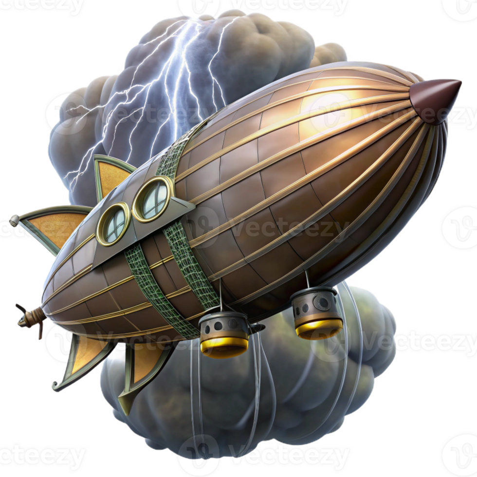 wonderful artistic A massive steampunk zeppelin flying through a storm, dramatic, lightning-filled lighting professional png